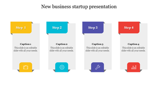 Business startup infographic with four vertical steps, each featuring a caption, icon at the bottom, and colored title tabs.