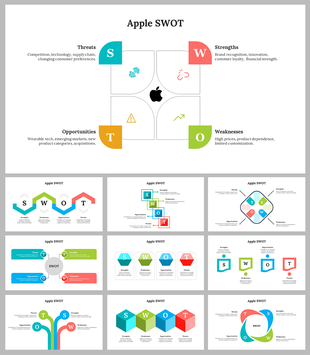 Slide deck showcasing apple SWOT analysis in different formats, using bright colors and infographic layouts.