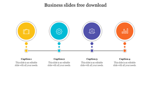 Business slide with four circular icons in yellow, blue, purple, and orange, each with icon and captions.