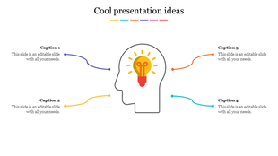 Creative idea concept with a glowing lightbulb in a profile head and four caption in orange, blue, yellow, and purple.