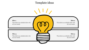 Central yellow lightbulb graphic with lines extending outward, connecting to four text boxes for presenting different ideas.