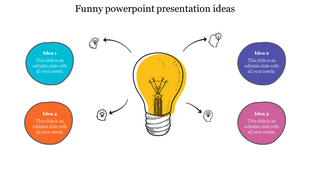 Presentation slide showing a central yellow lightbulb surrounded by four idea bubbles in blue, purple, pink, and orange.