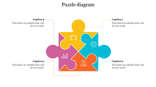 Colorful puzzle infographic slide with four interlocking pieces, each representing a different business element with icons.