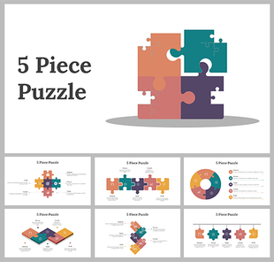 PowerPoint slides showcasing a 5 piece interlocking puzzle with multiple layouts for presentations.