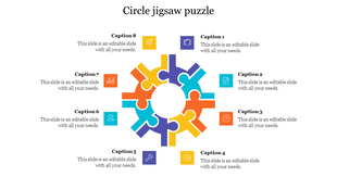 Puzzle-shaped circular diagram with sections in blue, orange, yellow, and purple, each linked to captions with icons.