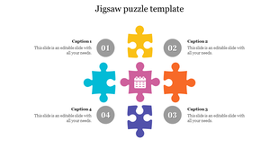 Central jigsaw puzzle with six colorful pieces around a calendar icon, each linked to numbered circles and caption text.