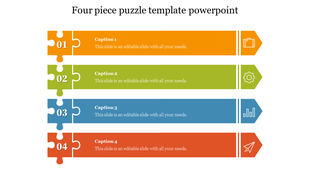 Four piece colorful puzzle infographic PPT slide with numbered sections and icons, illustrating a step by step process.