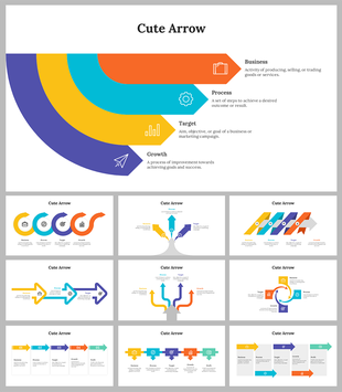Slide deck featuring a mix of colorful curved and straight arrows, illustrating business concepts.