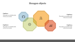 Hexagon infographic with layered colored shapes and business icons at center, connected to captions on both sides.