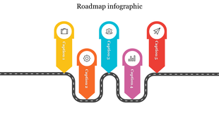 Slide with five milestone markers in yellow, orange, blue, purple, and red, each with icon and caption, along a winding road.