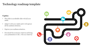 Technology roadmap template with a winding path and icons for different milestones with caption text.