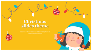Festive yellow background featuring Christmas lights, red ornaments, and a cheerful child in a santa hat holding a present.