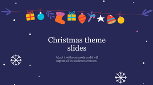 Christmas slide with festive ornaments hanging from a red string, snowflakes, and scattered dots on a dark blue background.