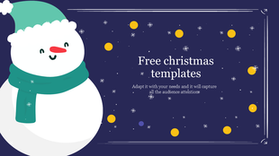 Christmas slide with smiling snowman in green scarf and hat, surrounded by yellow dots and white snowflakes on navy.