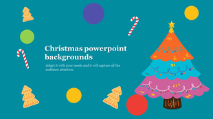 Colorful Christmas slide with decorated tree on teal background, surrounded by candy canes, cookies, and polka dots.