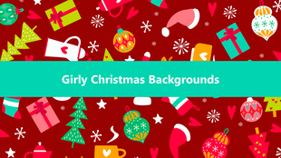 Festive Christmas background PPT slide with pink and red holiday themed elements, including gifts, ornaments, and hearts.