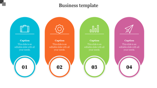 Business slide with four vertical rounded blocks in teal, orange, green, and pink, each with icons and numbered circles.