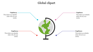 Clipart slide featuring a central world globe with curved stand and four surrounding text labels in different colors.