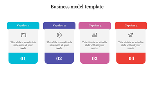 Colorful business model PPT template with four sections, each featuring icons and captions on a white backdrop.