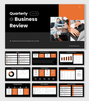 Quarterly Business Review Template with black-orange layouts, business photos, KPI dashboards, and roadmap slides.