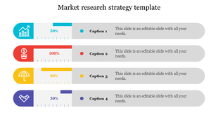 Four-step diagram showing icons for market research elements, each with a percentage progress bar and placeholder text. 