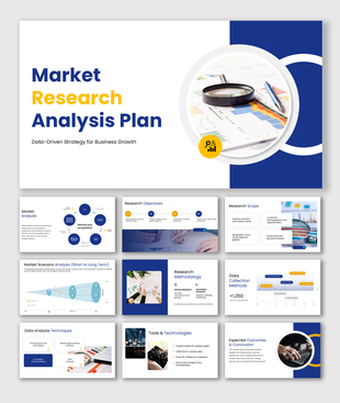 Market research analysis plan PPT covering objectives, scope, methodology, data collection, tools, and insights.