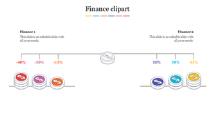 Finance chart with colorful coin stacks and percentage labels, split into negative and positive sections.