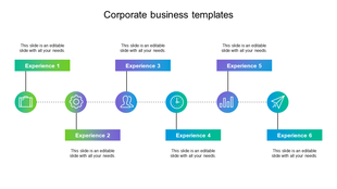 Six step corporate timeline infographic with  text boxes and icons for business, process, team, time, analytics, and launch.