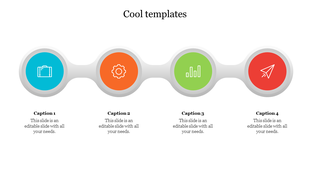 Colorful cool diagram featuring four round segments linked by a gray path, each with a business icon and text label.