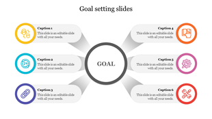 Six colorful icons placed around a central circle labeled goal, each with a connected caption on either side.