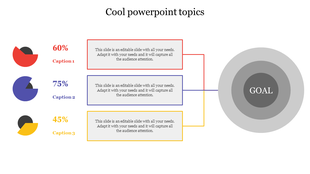 A colorful slide displaying pie chart sections in red, blue, and yellow, representing progress toward a goal, with captions.