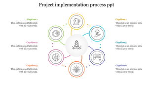 Circular project implementation diagram with colorful icons and caption area ideal for illustrating workflow steps.
