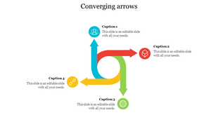Four colorful arrows converge towards the center, each with a caption and icons representing different concepts.