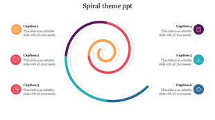 A vibrant spiral themed PowerPoint template featuring six segments with colorful icons and text placeholders.
