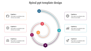 Spiral infographic with six numbered hexagons in gradient colors, linked to caption boxes with icons on both sides.