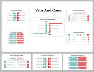 A collection of pros and cons PowerPoint slides with different layouts and design styles with icons.