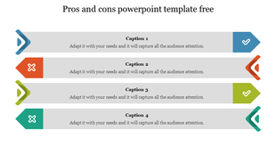 Pros and cons layout with gray text bars flanked by colored directional icons and check or cross marks on each side. 