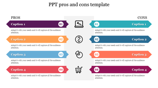 A pros and cons PowerPoint template with color coded arrows and icons, each section containing text on a white backdrop.