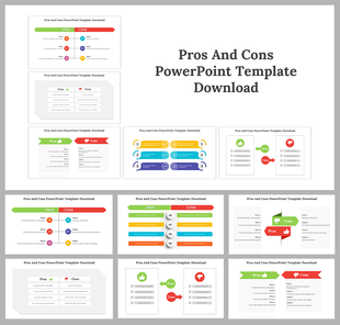 A pack of Pros and cons slides showcasing various colorful design layouts with icons and text.