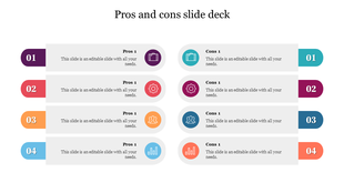 Pros and cons comparison slide deck with purple, red, orange, and blue numbered sections, each with unique icons.