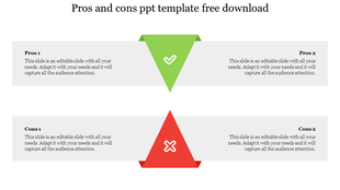 Two triangles in green with a checkmark and red with a cross, representing pros and cons in a horizontal layout.