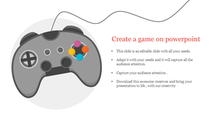 Game controller illustration in gray and four colorful buttons, with a text space on the right.