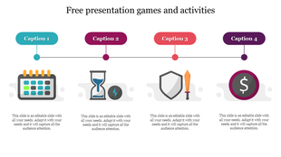 Timeline timeline showing four game-related icons under captions: calendar, timer, defense tools, and money symbol. 