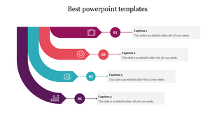 Best slide with four segments featuring icons for a briefcase, gear, people, and graph, in purple, red, teal, and blue.