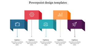Design slide with five colored folded blocks showing icons for briefcase, gear, users, bar chart, and paper plane. 