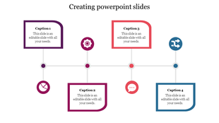 Slide with four circular icons and rectangular boxes in purple, pink, orange, and blue, connected by a horizontal line.