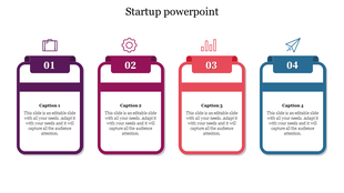 Startup PowerPoint template with four numbered sections featuring colorful icons for each topic on a white backdrop.