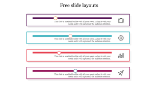 Slide layout with four outlined boxes, each containing a progress bar, center marker, and right aligned business icons.