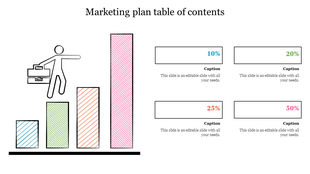 Slide with a stick figure stepping on a bar chart in blue, green, orange, and pink, and text boxes with percentage labels.