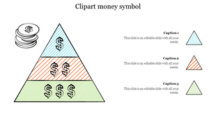 Triangle pyramid with three colored layers in blue, orange, and green, each featuring dollar signs, next to a stack of coins.
